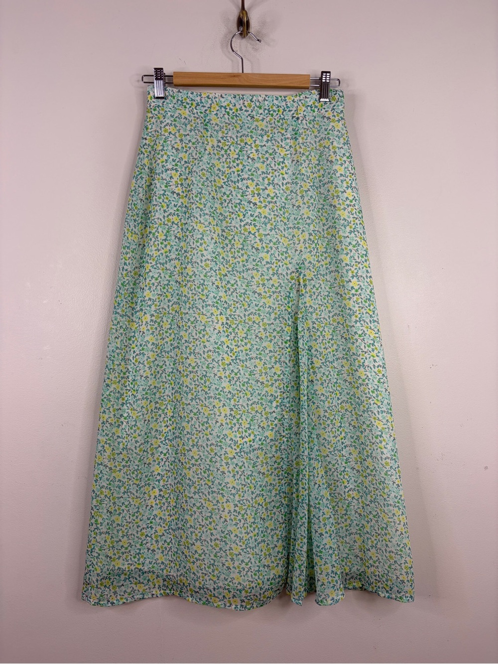 New Vintage Skirt Womens Small Green Yellow Floral Chiffon Midi Pleat Y2K 90s